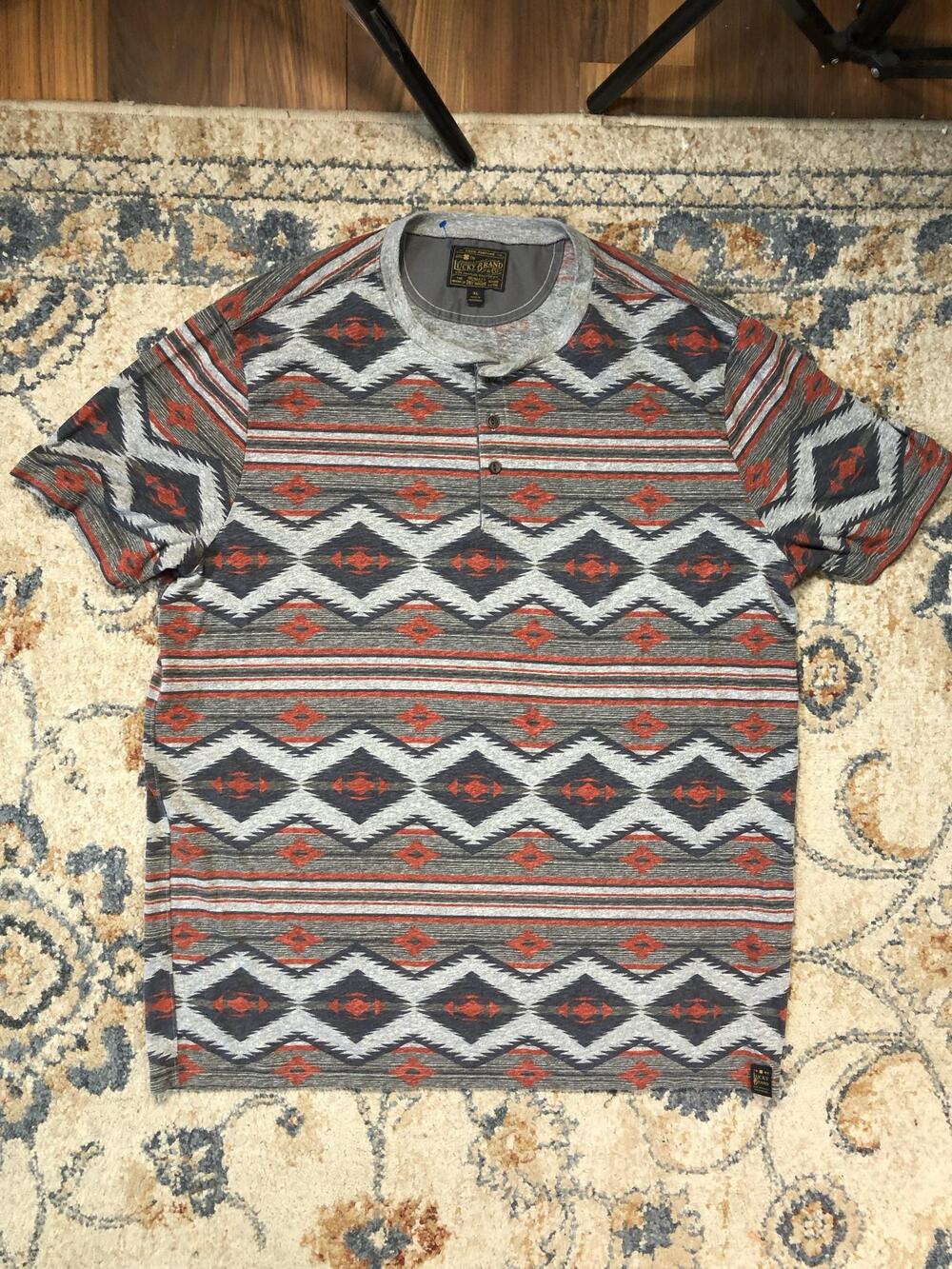 Lucky Brand Henley Shirt Mens XL Gray Short Sleeve Aztec Southwestern Print Tee